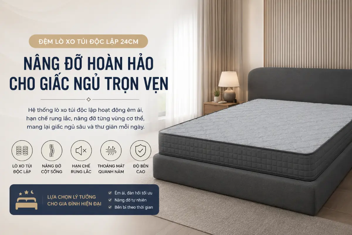 Đệm Lò Xo Túi Độc Lập 24cm Sang Trọng, Nâng Đỡ Hoàn Hảo
